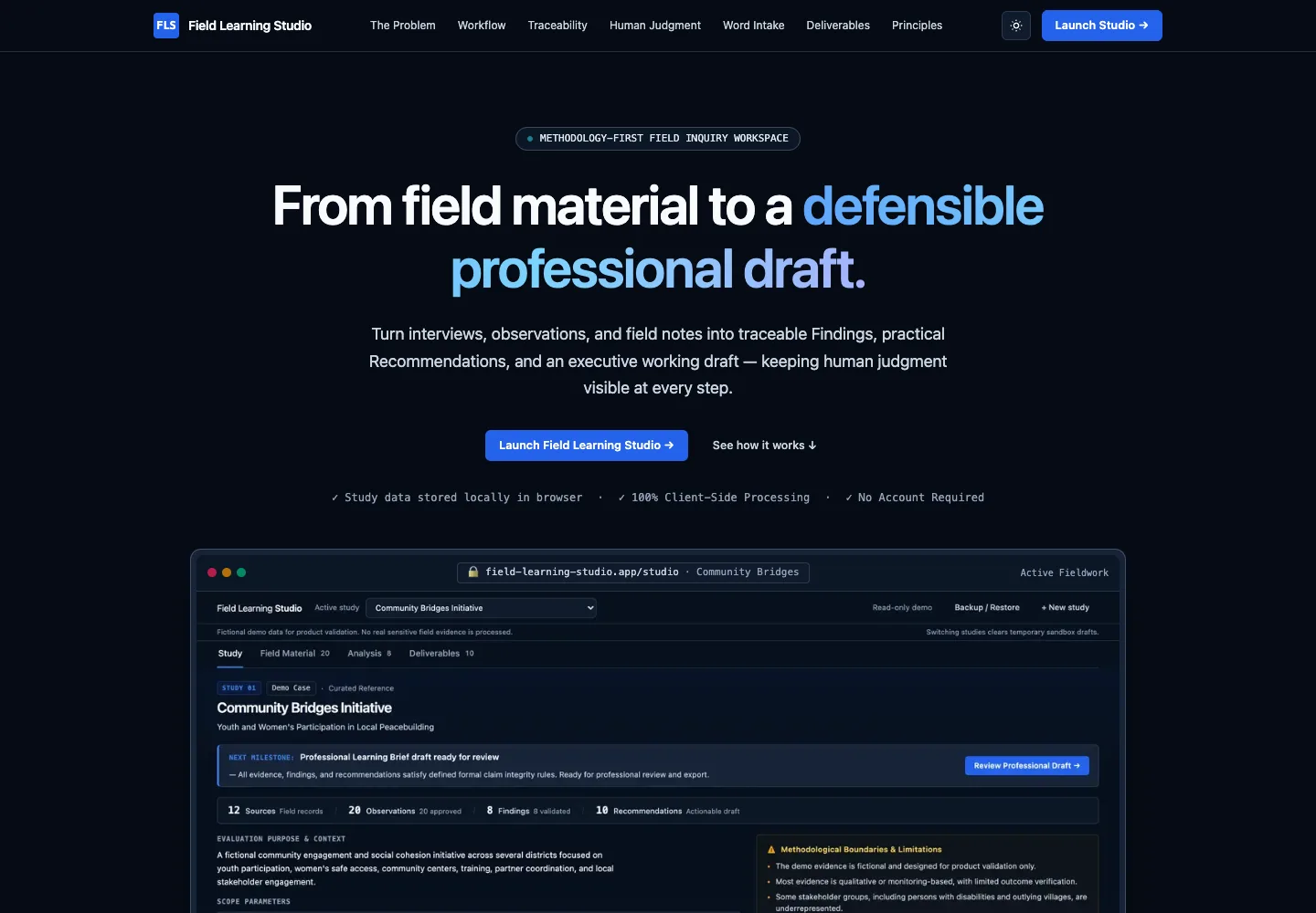 Field Learning Studio public homepage showing the workflow from field material to a professional draft.